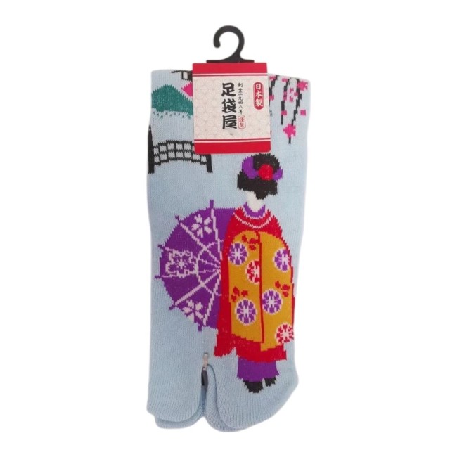 chaussettes japonaises Tabi avec motif de Geisha à l'ombrelle en bleu clair