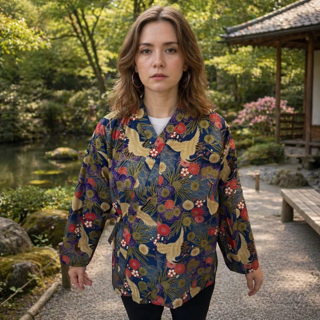 Haori femme en coton japonais mauve à motifs grues porté croisé - Modern and Past
