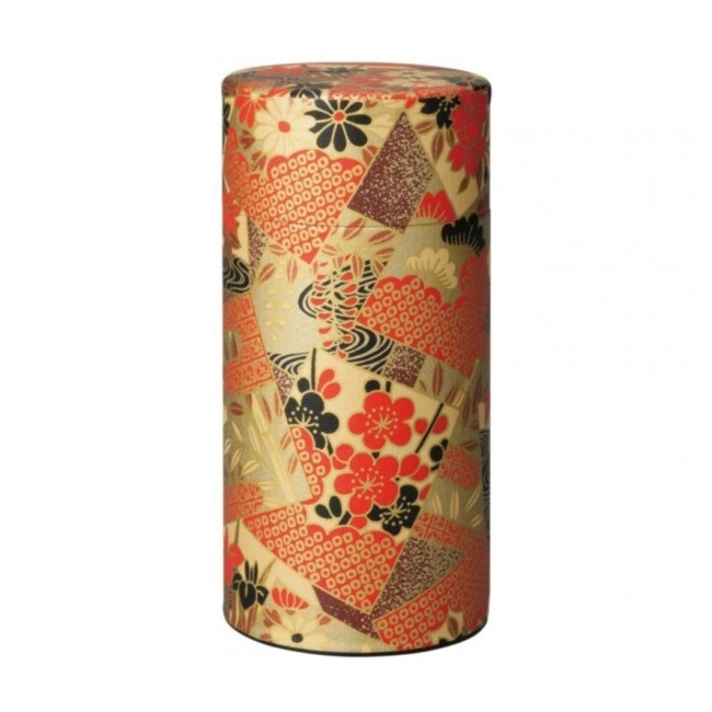 Boîte à thé japonaise rouge en papier washi avec motifs dorés de fleurs Kogane, fabriquée au Japon