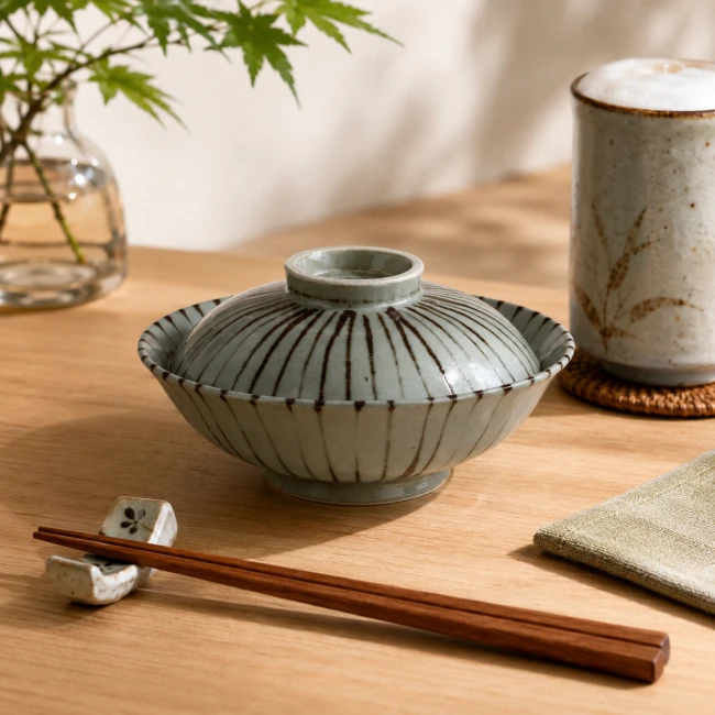Bol japonais couvert gris vert avec lignes sobres fabriqué au Japon - Modern and Past