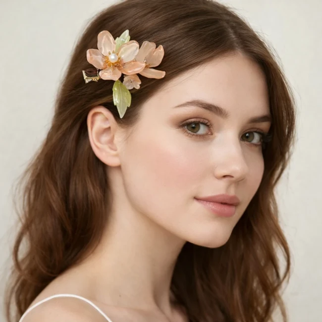 Pince à cheveux japonaise fleur rose pâle en verre portée - Modern and Past Pince à cheveux japonaise fleur rose pâle en verre portée sur cheveux châtains Modern and Past