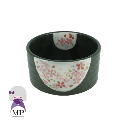 Bol à thé Matcha cérémonie gris – motif floral de printemps