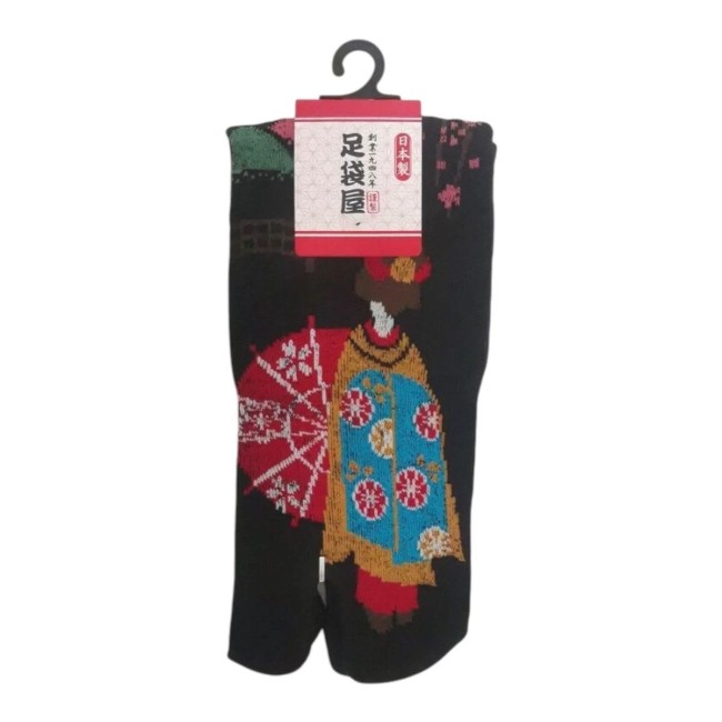 chaussettes japonaises Tabi avec motif de Geisha à l'ombrelle en Noir