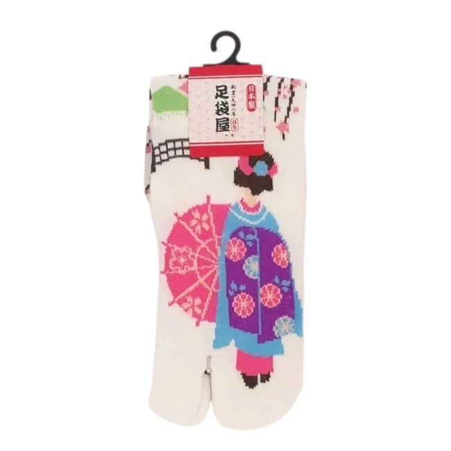chaussettes japonaises Tabi avec motif de Geisha à l'ombrelle en Blanc