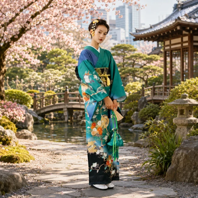 Kimono traditionnel japonais femme vert turquoise motifs fleurs kimono traditionnel japonais femme vert turquoise bleu motifs fleurs