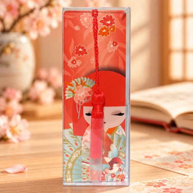 Marque-page Kimmidoll Hiyori avec pompon rouge | Modern and Past Marque-page Kimmidoll Hiyori, Kokeshi rose corail aux motifs de moineau et fleurs avec pompon rouge – Modern and Past