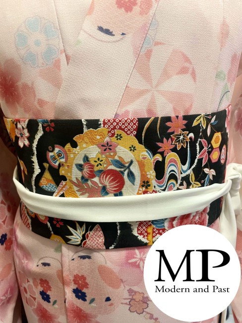 obi ceinture japonaise noir motifs fleurs soie cuir vegan