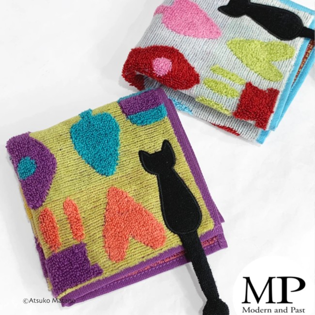 Mini serviette japonaise violette en coton éponge motif chat Gardening Atsuko Matano fabriquée au Japon