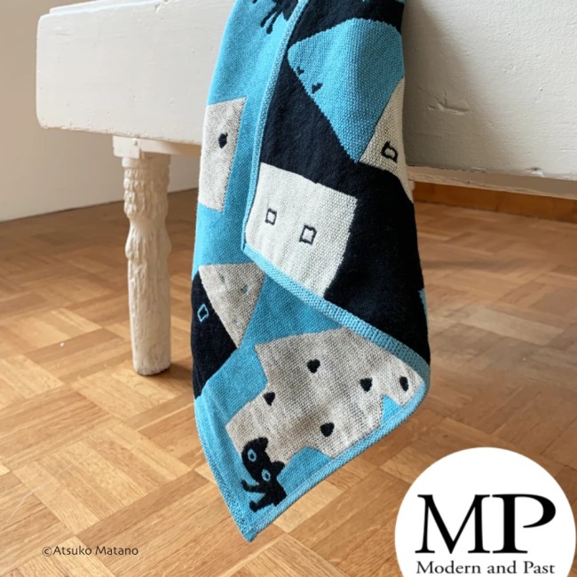 Serviette japonaise en gaze de coton bleue motif chat Maze Atsuko Matano fabriquée au Japon