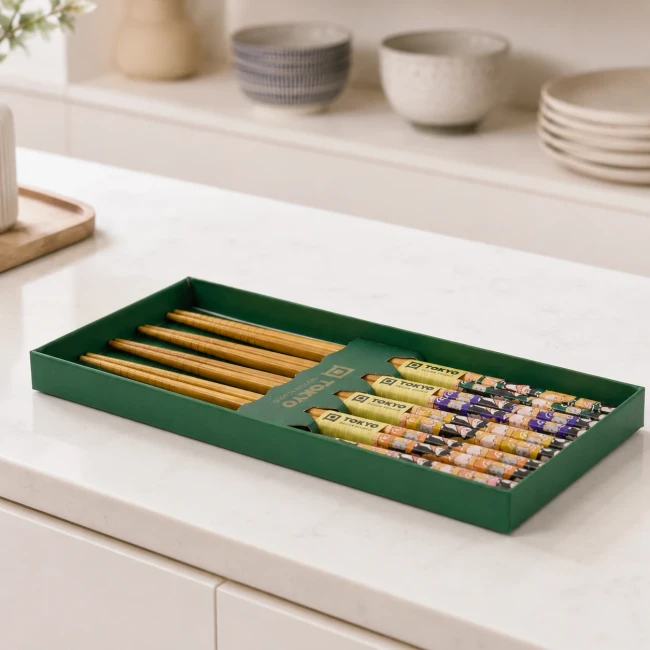 Baguettes japonaises Shiba en coffret Tokyo Design Studio Coffret de 5 baguettes japonaises Shiba en bambou sur table Modern and Past