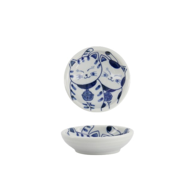 Coupelle japonaise à sauce en porcelaine motif chats Neko bleus fabriquée au Japon