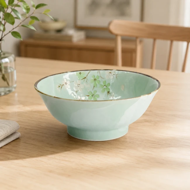 Bol à ramen Green Cosmos vert menthe en grès avec fleurs en relief