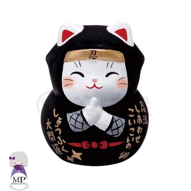 Porte-bonheur Neko Ninja Daruma japonais avec prophétie - noir