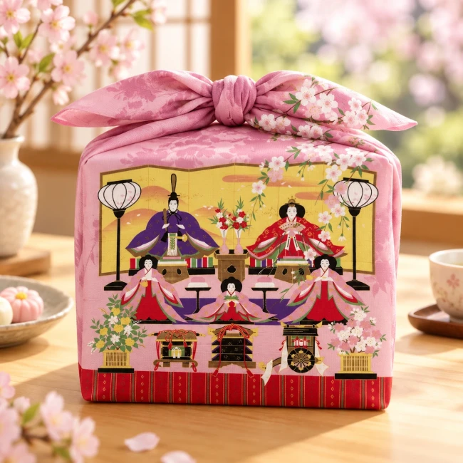 Furoshiki Hina Matsuri 50 × 50 cm - Irodori Jiki - Modern and Past Furoshiki japonais Hina Matsuri 50 cm en coton motif poupées Hina et fleurs de cerisier - Modern and Past