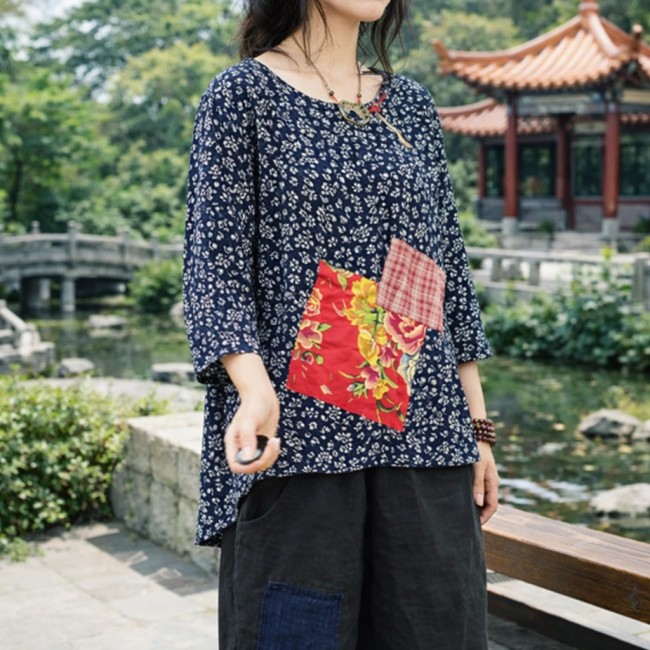 Chemisier bleu 100% coton manches trois-quarts patchwork fleurs