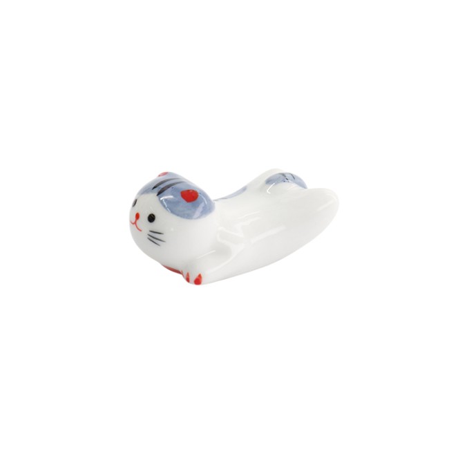 Repose-baguettes chat Neko allongé en porcelaine blanc et bleu fabriqué à la main - vue côté