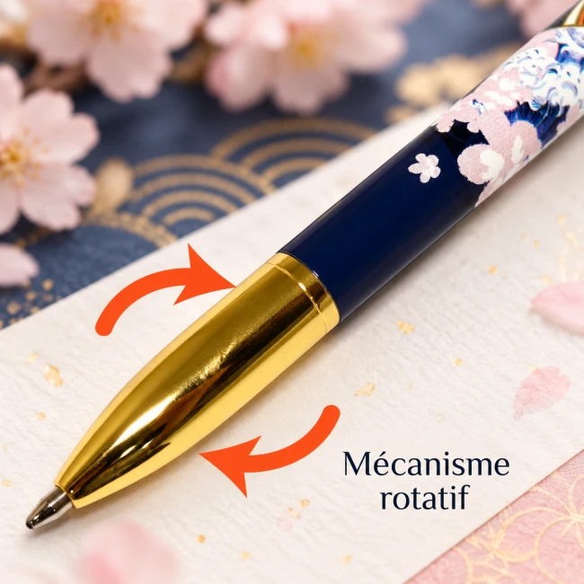 Stylo à bille Kimmidoll Minami – Mécanisme rotatif | Modern and Past Stylo à bille Kimmidoll Minami bleu nuit avec vagues japonaises, fleurs roses et finitions dorées – Modern and Past