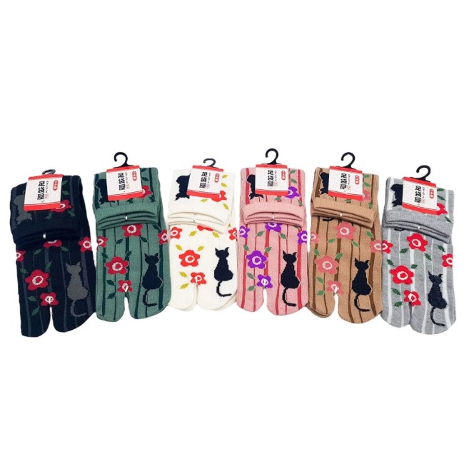 Chaussettes Tabi japonaises Chat noir Sakura Chaussettes japonaises Tabi motif chat noir et fleurs de Sakura