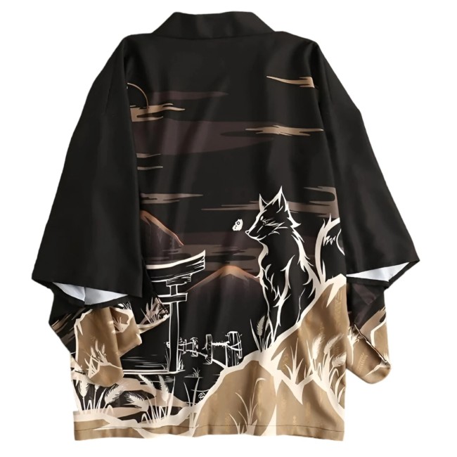 Kimono moderne japonais unisexe motif kitsune et torii
