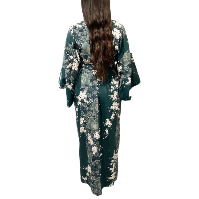 Yukata japonais femme coton vert avec motifs floraux