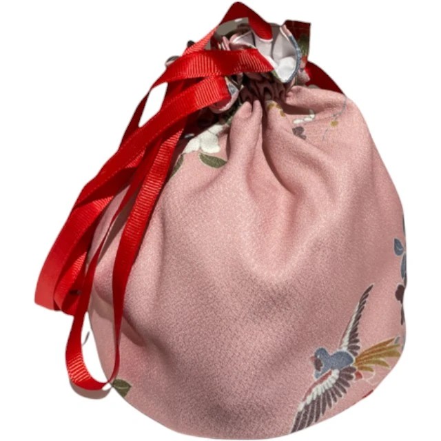 Sac de Kimono,  sac japonais - saumon - motifs à fleurs - fermeture à coulisse, magasin boutique japonaise | Modern and Past à Brest