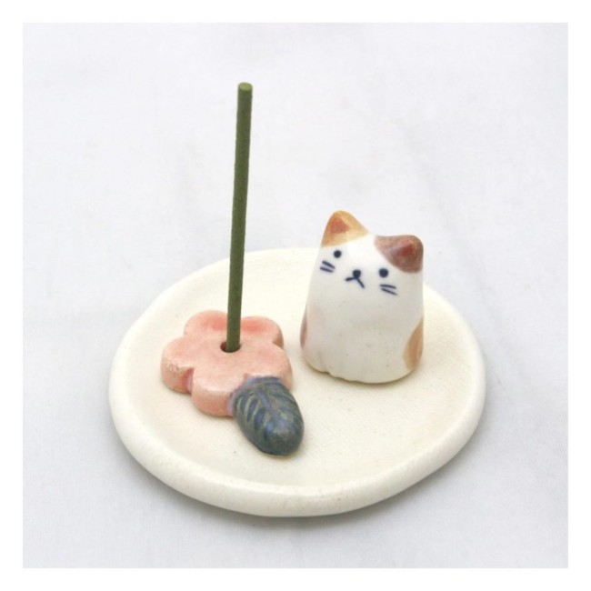 Porte-encens japonais Kobana Neko avec chat Calico et fleur de cerisier