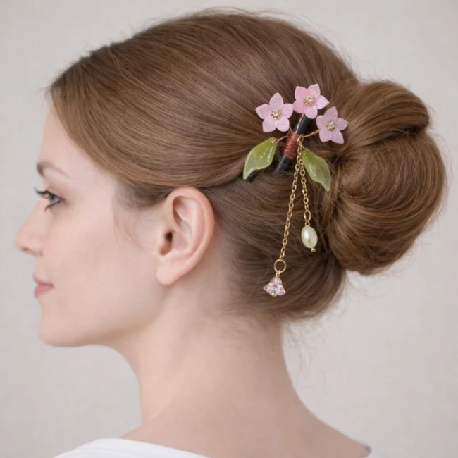 Pic à cheveux japonais Sakura rose porté - Modern and Past Pic à cheveux japonais Sakura rose porté dans un chignon chez Modern and Past