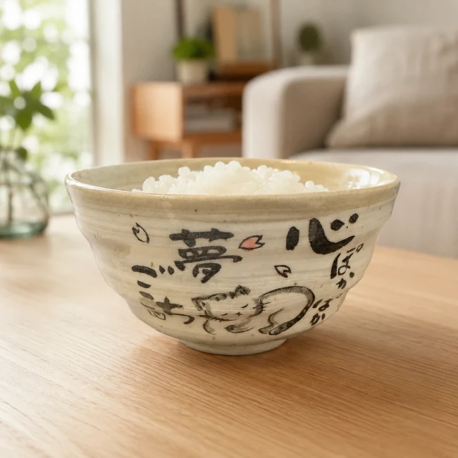 Bol japonais Warabeuta Neko pour riz - Modern and Past Bol à riz japonais chat Warabeuta Neko avec riz - Modern and Past