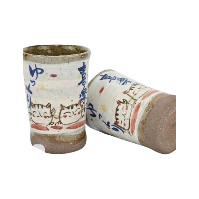 Tasse à thé japonaise en porcelaine Mino Yaki avec motifs chats et kanji