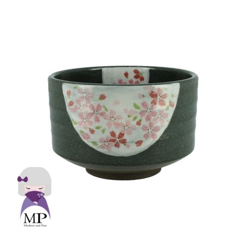 Bol à thé Matcha cérémonie gris – motif floral de printemps