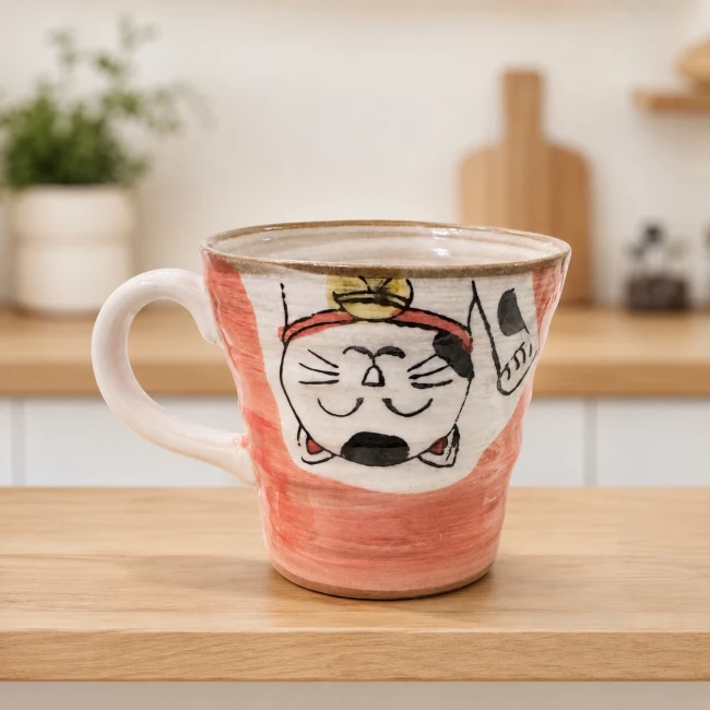Mug japonais chat Kobiki Neko rose vue de face Mug japonais chat Kobiki Neko rose en céramique fait main au Japon Modern and Past