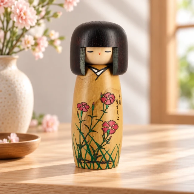 Kokeshi Nadeshiko japonaise artisanale aux œillets roses - Modern and Past Poupée Kokeshi Nadeshiko faite main au Japon œillets roses - Modern and Past