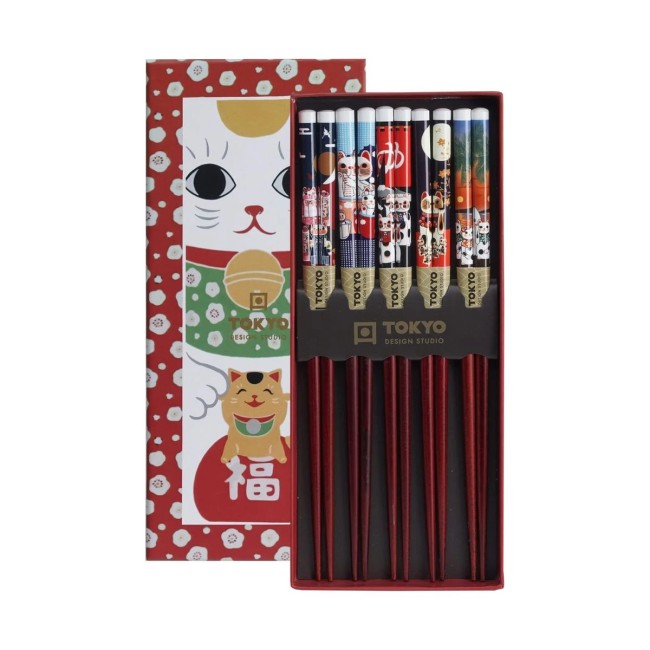 coffret 5 paires baguettes japonaises Maneki Neko marron bambou