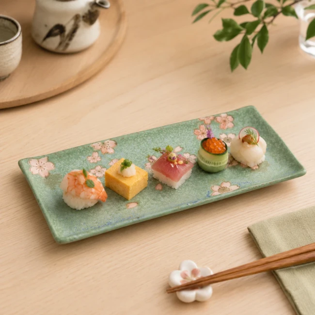 Assiette Sakura japonaise rectangulaire en présentation Assiette japonaise Sakura rectangulaire avec amuse-bouches Modern and Past