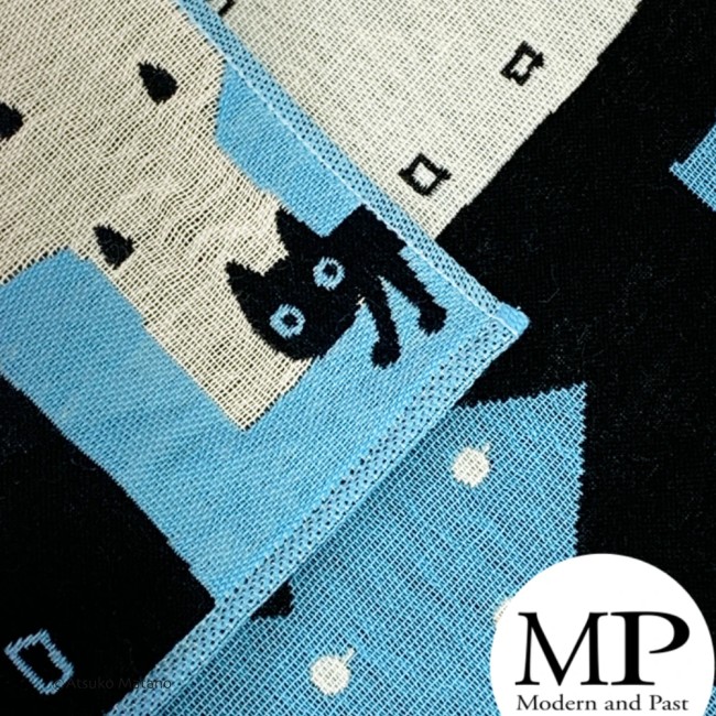 Serviette japonaise en gaze de coton bleue motif chat Maze Atsuko Matano fabriquée au Japon
