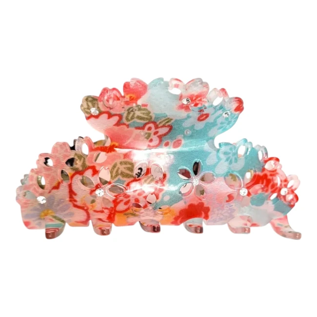 Pinces crocodile japonaises Sakura en tissu chirimen bleu rouge chez Modern and Past