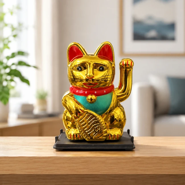 Mini chat porte-bonheur solaire Maneki Neko or sur socle noir Modern and Past