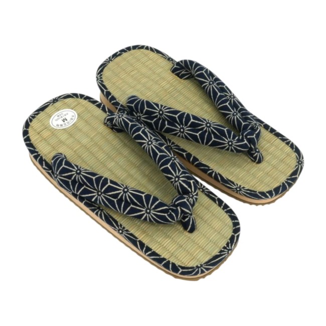 Sandales Zori japonaises coton indigo motif Asanoha Zori japonaises en paille avec lanières en coton indigo Asanoha