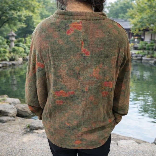 Manteau asiatique matelassé kaki marron à fleurs