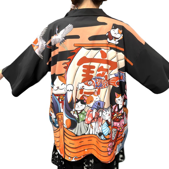 Kimono moderne japonais unisexe motif Neko Kodomo No Hi Koinobori festival 