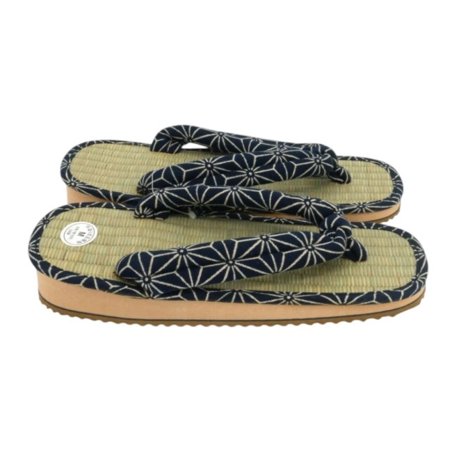 Sandales Zori japonaises coton indigo motif Asanoha Zori japonaises en paille avec lanières en coton indigo Asanoha