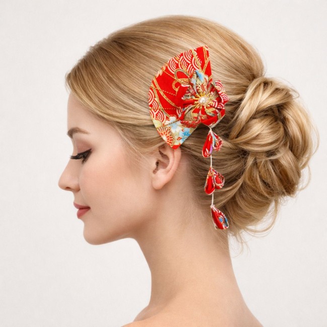 Barrette japonaise Kanzashi florale rouge faite main