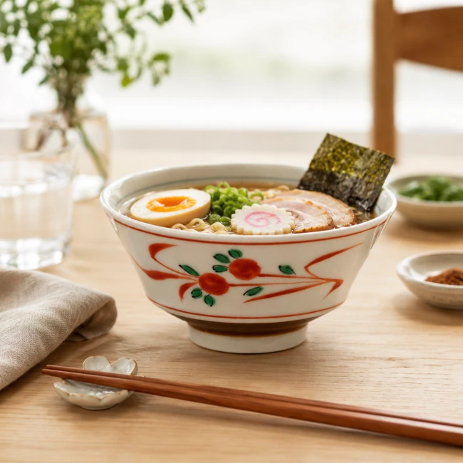 Bol à ramen japonais rouge servi avec nouilles et garnitures - Modern and Past