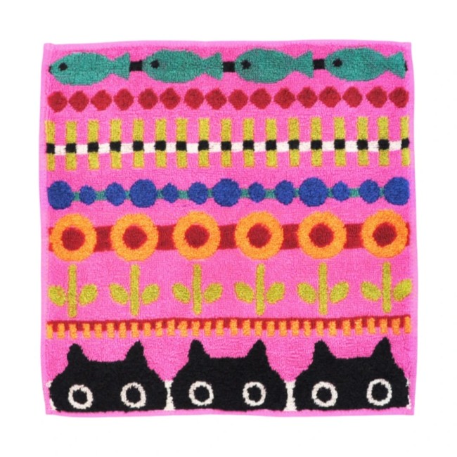 mini serviette japonaise rose chat et jardin en coton Atsuko Matano mini serviette japonaise rose coton motif chat et jardin Atsuko Matano