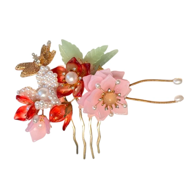 Barrette à cheveux japonaise fleurs roses papillon doré et strass chez Modern and Past