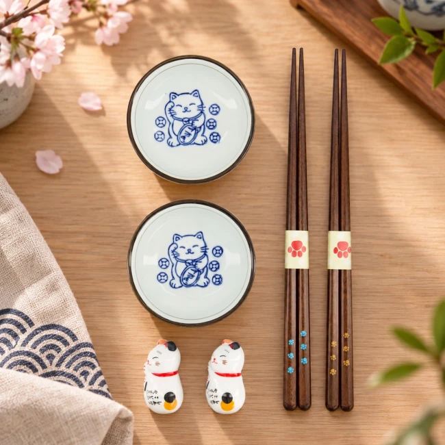 Coffret baguettes japonaises Neko et Maneki Neko - Modern and Past Coffret de baguettes japonaises Neko avec coupelles Maneki Neko - Modern and Past
