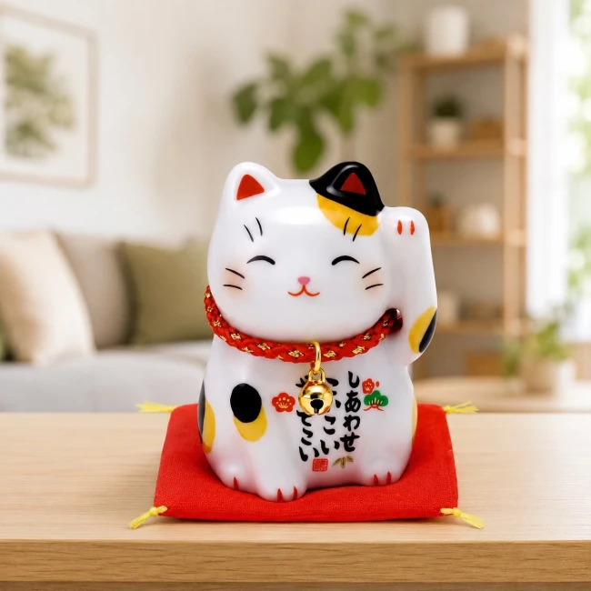 Figurine chat japonais calico Fuku Maneki Figurine chat japonais calico Fuku Maneki en porcelaine Yakushigama Modern and Past