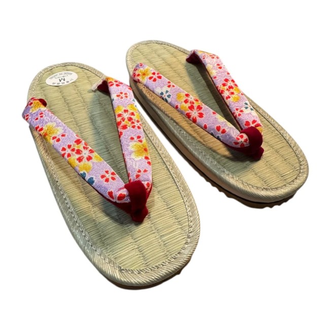 zori japonaises femme paillage de riz lanière mauve fleurs taille M