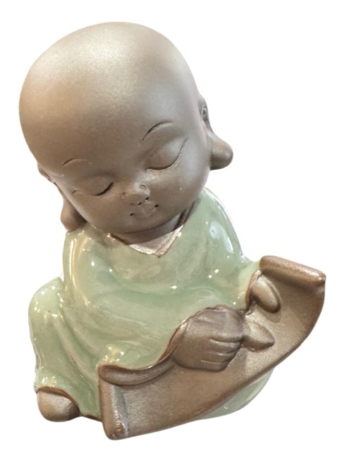 Figurine moine bouddhiste en céramique faites main tons terre et vert turquoise - Assis