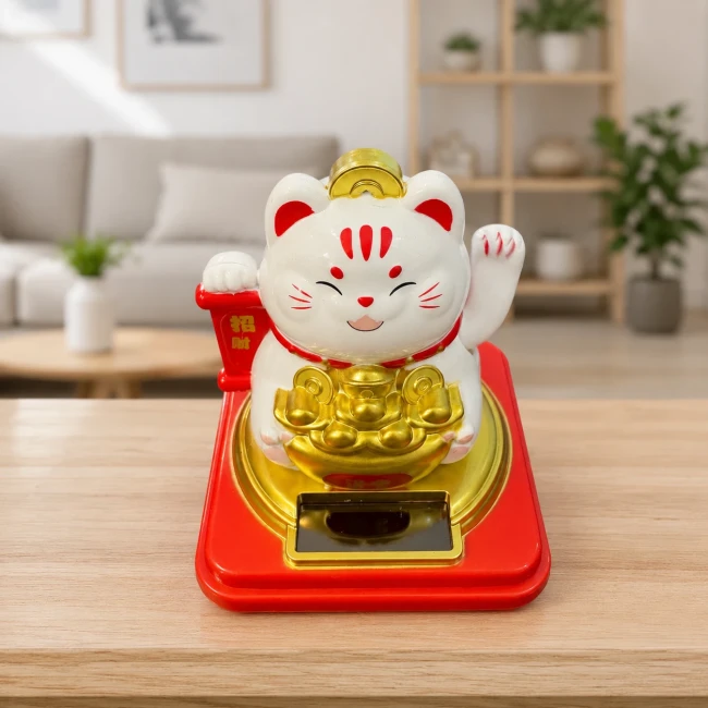 Chat porte-bonheur solaire Maneki Neko blanc Modern and Past Chat porte-bonheur solaire Maneki Neko blanc avec écus dorés sur socle rouge Modern and Past